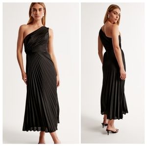Abercrombie & Fitch One-Shoulder Black Pleated Giselle Midi Dress
